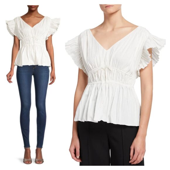 Rebecca Taylor Broomstick Peplum Blouse Flutter Sleeves in Lyria White size 14/L - Picture 1 of 16